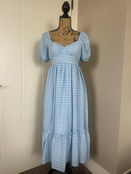 by the River Dresses & Skirts - By The River Blue Plaid Smocked Boho Cottage Core Tiered Ruffle Dress Size S